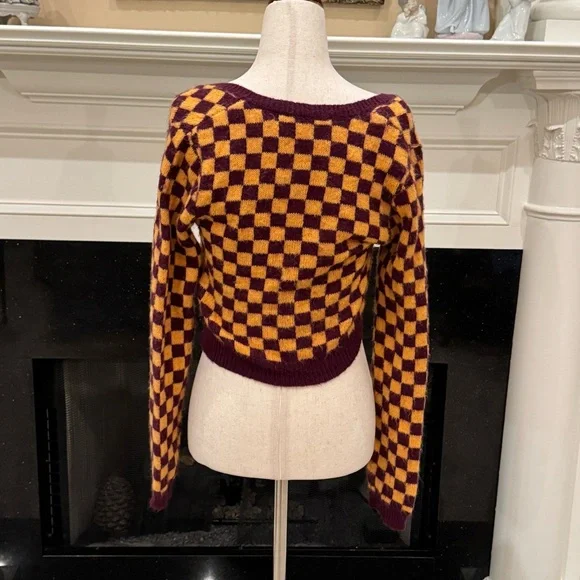 Zara Checkerboard Cropped Cardigan | Size Small | Maroon & Mustard - Picture 9 of 13